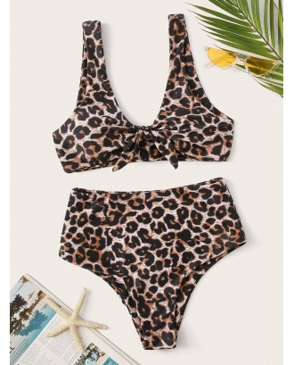 Leopard Knot Front Top With High Waist Swimwear