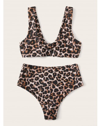 Leopard Knot Front Top With High Waist Swimwear