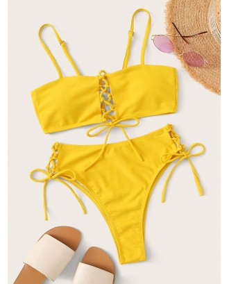 Lace Up Top With High Waist Swimwear Set