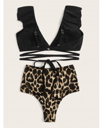Ruffle Plunge Neck Top With Leopard High Waist Swimwear