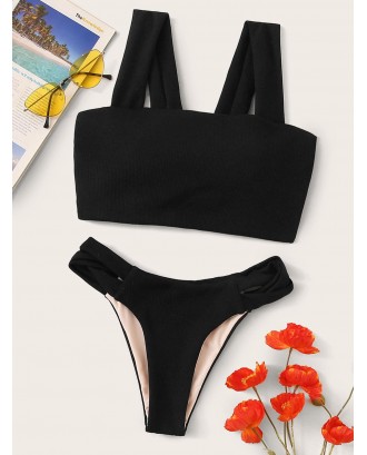Textured Thick Strap Top With High Cut Swimwear