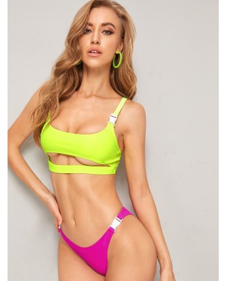 Neon Lime Cut-out Top With High Leg Swimwear Set