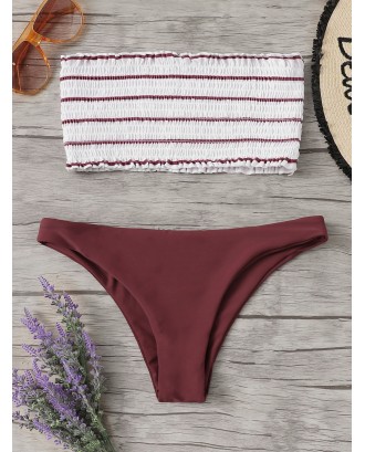 Random Striped Shirred Bandeau With Hipster Swimwear