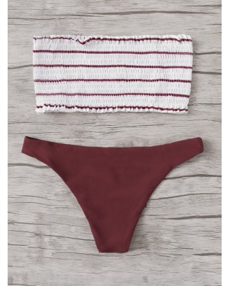 Random Striped Shirred Bandeau With Hipster Swimwear
