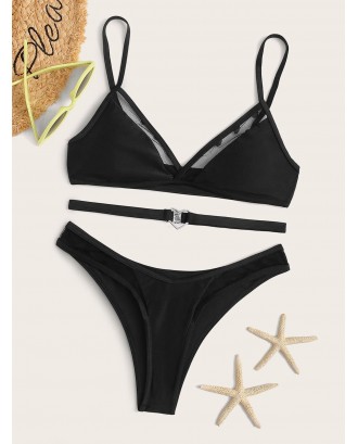 Contrast Mesh Top With High Cut Swimwear With Belt