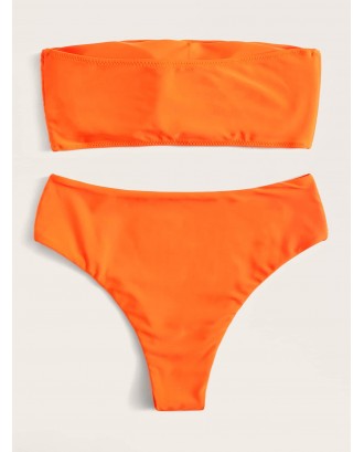 Neon Orange Bandeau With High Waist Swimwear Set