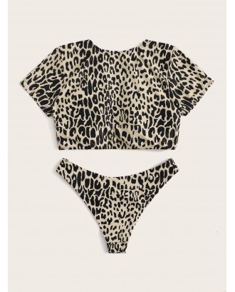 2pcs Leopard Short Sleeve Top With High Cut Swim