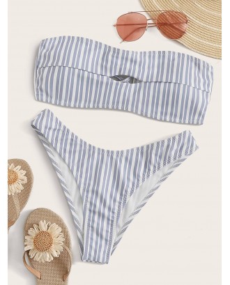 Striped Bandeau Top With High Cut Swimwear