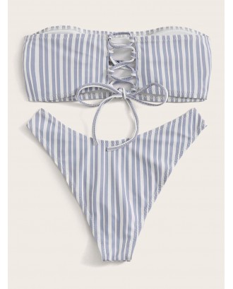 Striped Bandeau Top With High Cut Swimwear