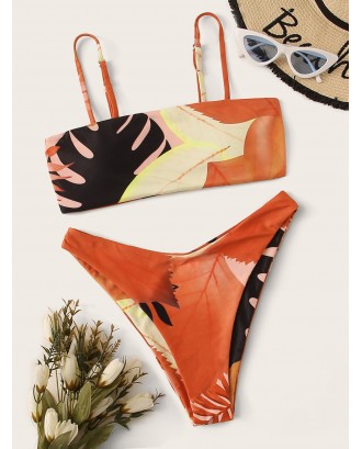 Leaf Print Top With High Cut Swimwear Set