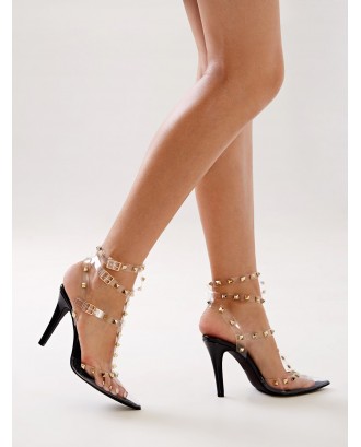 Studded Decor T Strap Pointed Toe Heels