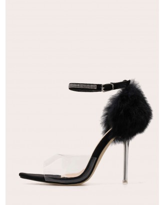 Ankle Strap Faux Fur Decor Stiletto Heels
