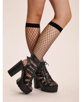 Lace-up Front Buckle Decor Chunky Heels
