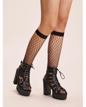 Lace-up Front Buckle Decor Chunky Heels