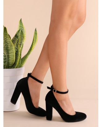 Black Velvet Almond Toe Ankle Strap Heels