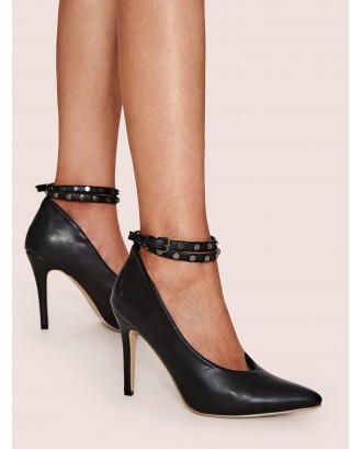 Studded Decor Ankle Strap Point Toe Heels