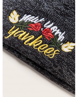 Rose & Slogan Embroidery Cuffed Beanie