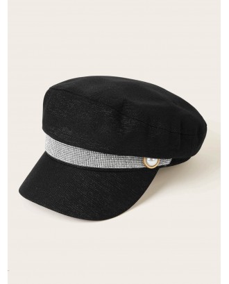 Rhinestone Engraved Faux Pearl Decor Bakerboy Hat