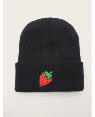 Strawberry Embroidery Cuffed Beanie Hat