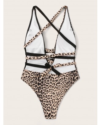 Contrast Leopard Lace Up One Piece Swimwear