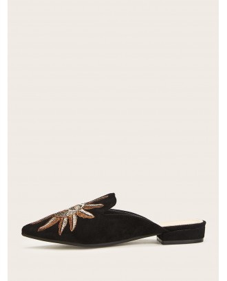 Point Toe Embroidered Flat Mules