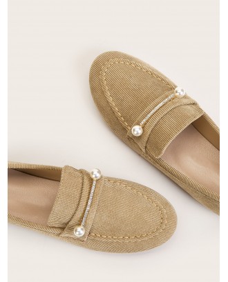 Faux Pearl Decor Corduroy Loafers