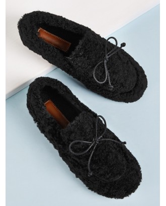 Bow Decor Fuzzy Flat Loafers