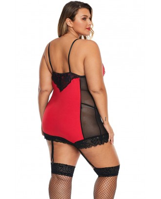Red Garter Attached Lace Hybrid Mesh Plus Size Chemise