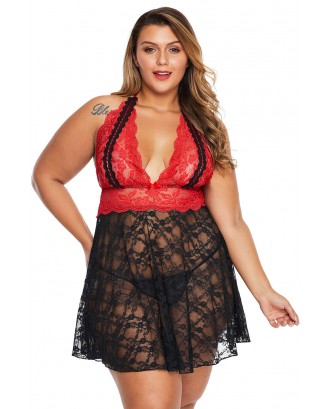 Red Beautiful Lace Backless Halter Plus Size Babydoll
