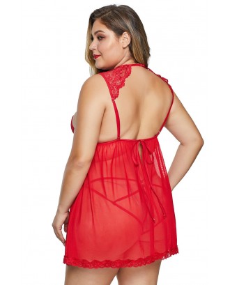 Red Hollow-out Bust Lace Upper Open Back Plus Size Babydoll