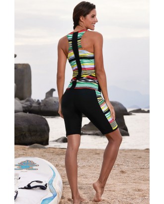 Multicolor Striped Pattern Sleeveless Rashguard Swimsuit