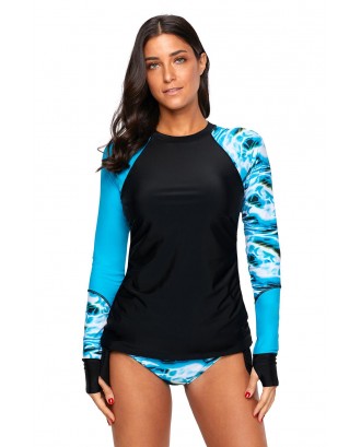 Contrast Dark Blue Detail Long Sleeve Tankini Swimsuit
