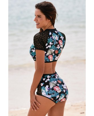 Lace Hollow Floral Print 2pcs Swimsuit