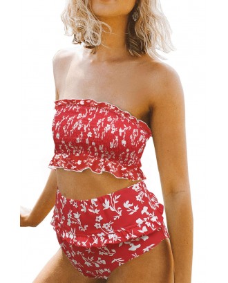 Red Floral Print Crop Top Swimwear Set