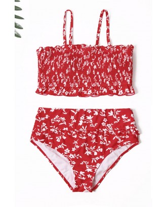 Red Floral Print Crop Top Swimwear Set