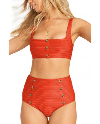 Orange Button Décor Rib Two-piece Swimsuit