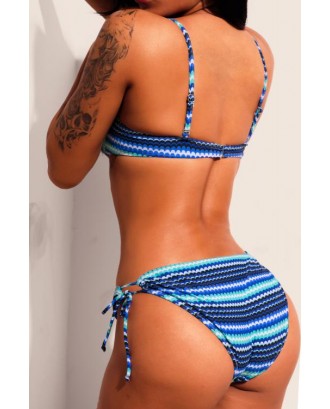 Multicolor Blue Wave Print Tie Decor Swimwear Swimsuit