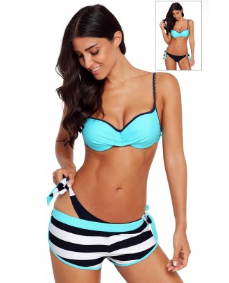 Blue Wrinkled Bra Striped Swimwear Bottom Swimsuit