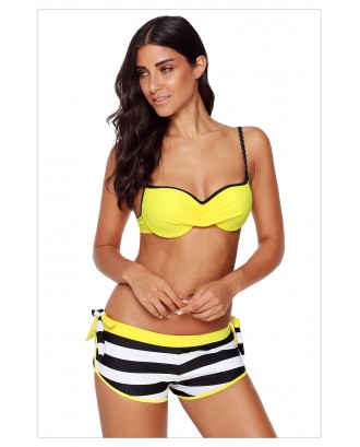 Yellow Wrinkled Bra Striped Swimwear Bottom Swimsuit