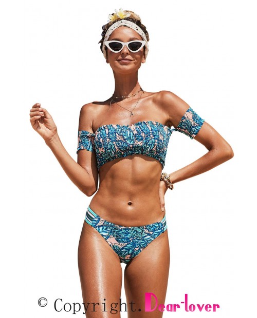 Tropical Printed Sleeve Smocked Two-Piece Swimsuit