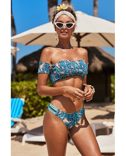 Tropical Printed Sleeve Smocked Two-Piece Swimsuit