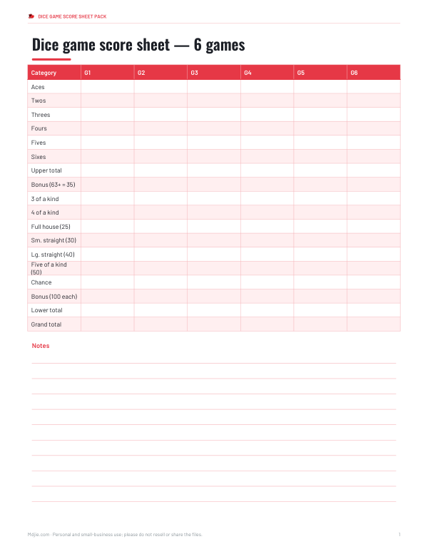 Preview of Printable Yahtzee Score Sheet