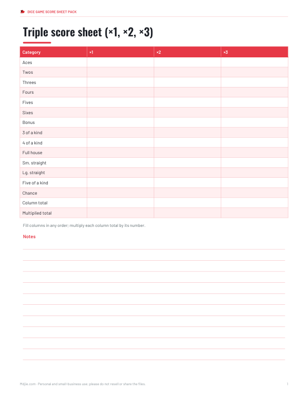 Preview of Printable Yahtzee Triple Score Sheet